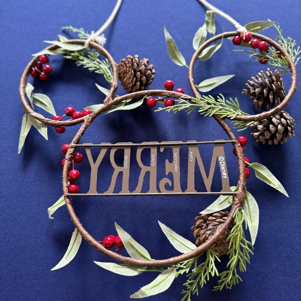 Disney Mickey Mouse “Merry” Holiday Wreath Rustic Pinecones & Berries